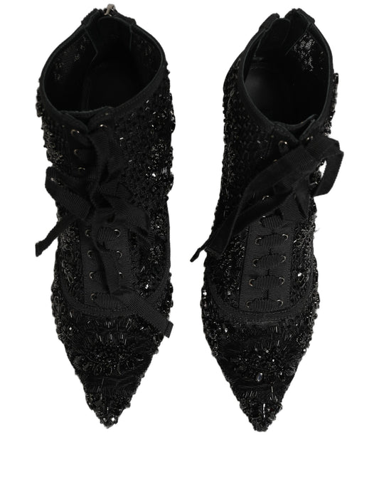 Dolce & Gabbana Black Embellished Mesh Ankle Boots Shoes