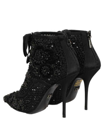 Dolce & Gabbana Black Embellished Mesh Ankle Boots Shoes