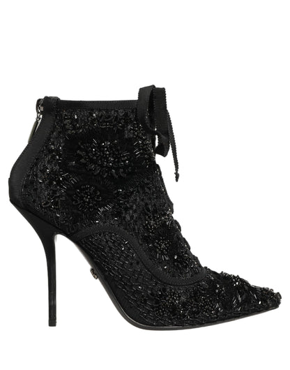 Dolce & Gabbana Black Embellished Mesh Ankle Boots Shoes