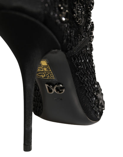 Dolce & Gabbana Black Embellished Mesh Ankle Boots Shoes