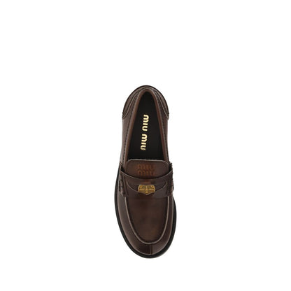 Miu Miu Brown Calf Leather Bos Taurus Slip-On Loafers