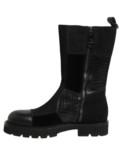 Dolce & Gabbana Black Patchwork Leather Mid Calf Boots Shoes