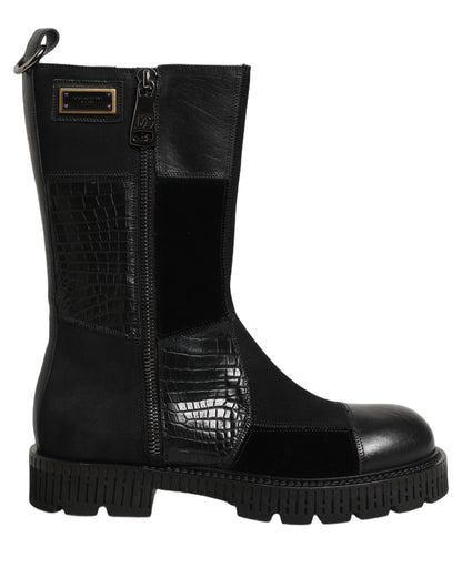 Dolce & Gabbana Black Patchwork Leather Mid Calf Boots Shoes