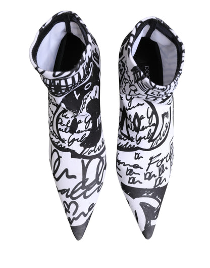 Dolce & Gabbana White Graffiti Stretch Ankle Boots Shoes