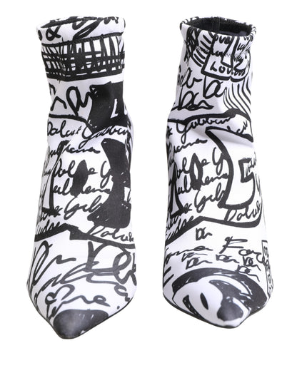 Dolce & Gabbana White Graffiti Stretch Ankle Boots Shoes