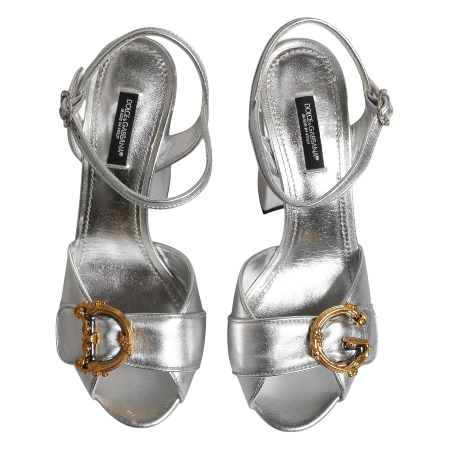 Dolce & Gabbana Silver Logo Ankle Strap Heels Sandals Shoes