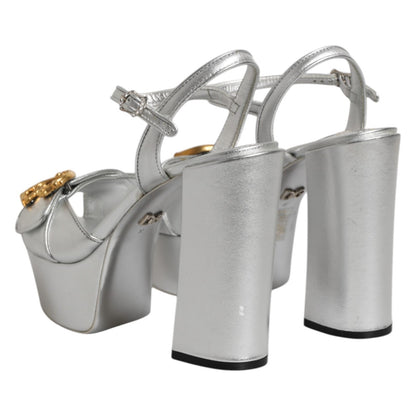 Dolce & Gabbana Silver Logo Ankle Strap Heels Sandals Shoes