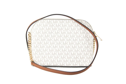 Michael Kors Jet Set Travel Medium Leather X Cross Dome Crossbody Handbag (Vanilla Signature/Gold)