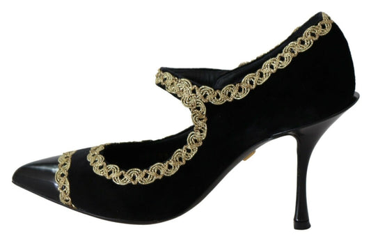 Dolce & Gabbana Elegant Gold-Embroidered Black Velvet Pumps