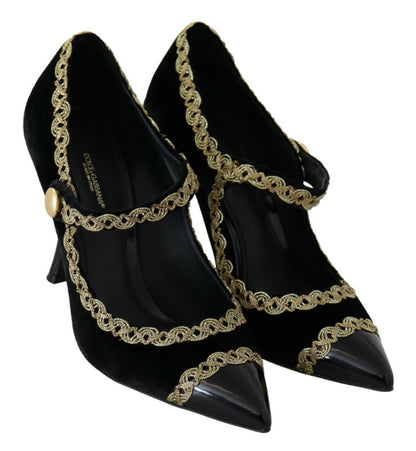 Dolce & Gabbana Elegant Gold-Embroidered Black Velvet Pumps