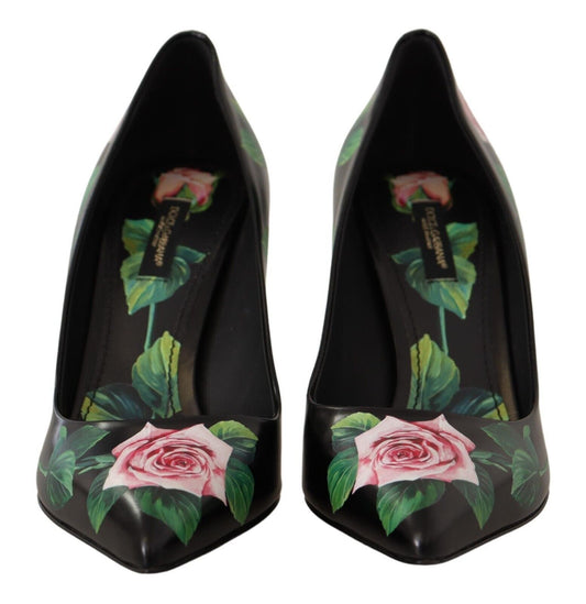 Dolce & Gabbana Elegant Black Rose Print Leather Heels