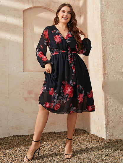 Floral Surplice Neck Tie Waist Dress