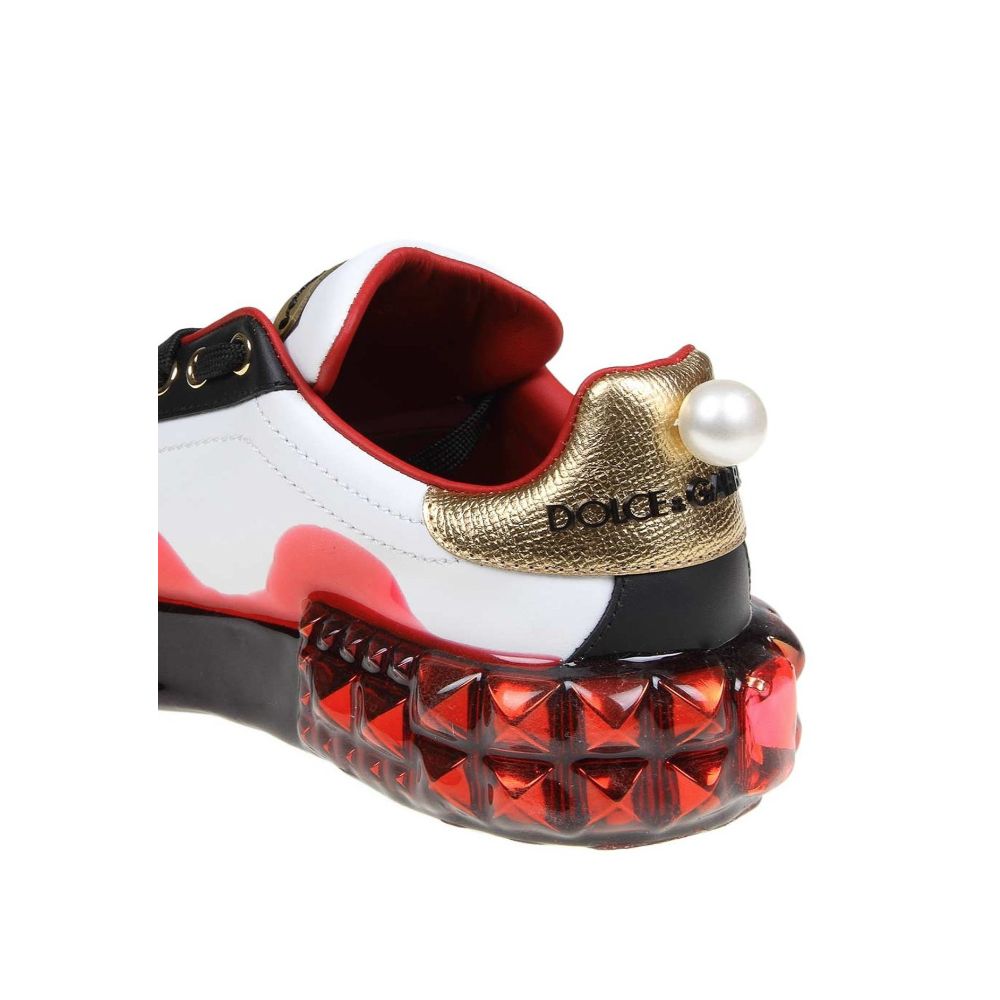 Dolce & Gabbana White Calfskin Women Sneaker with Heart-Shaped Rhinestone Detail