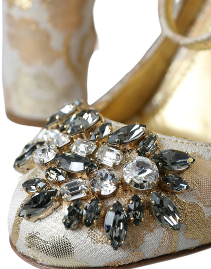Dolce & Gabbana Gold Jacquard Crystal Mary Janes Pumps Shoes
