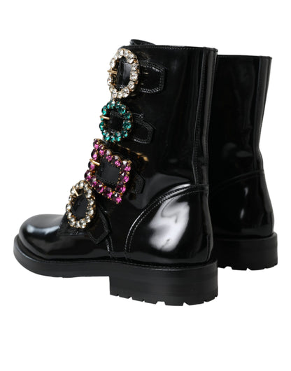 Dolce & Gabbana Black Leather Crystal Buckles Boots Shoes