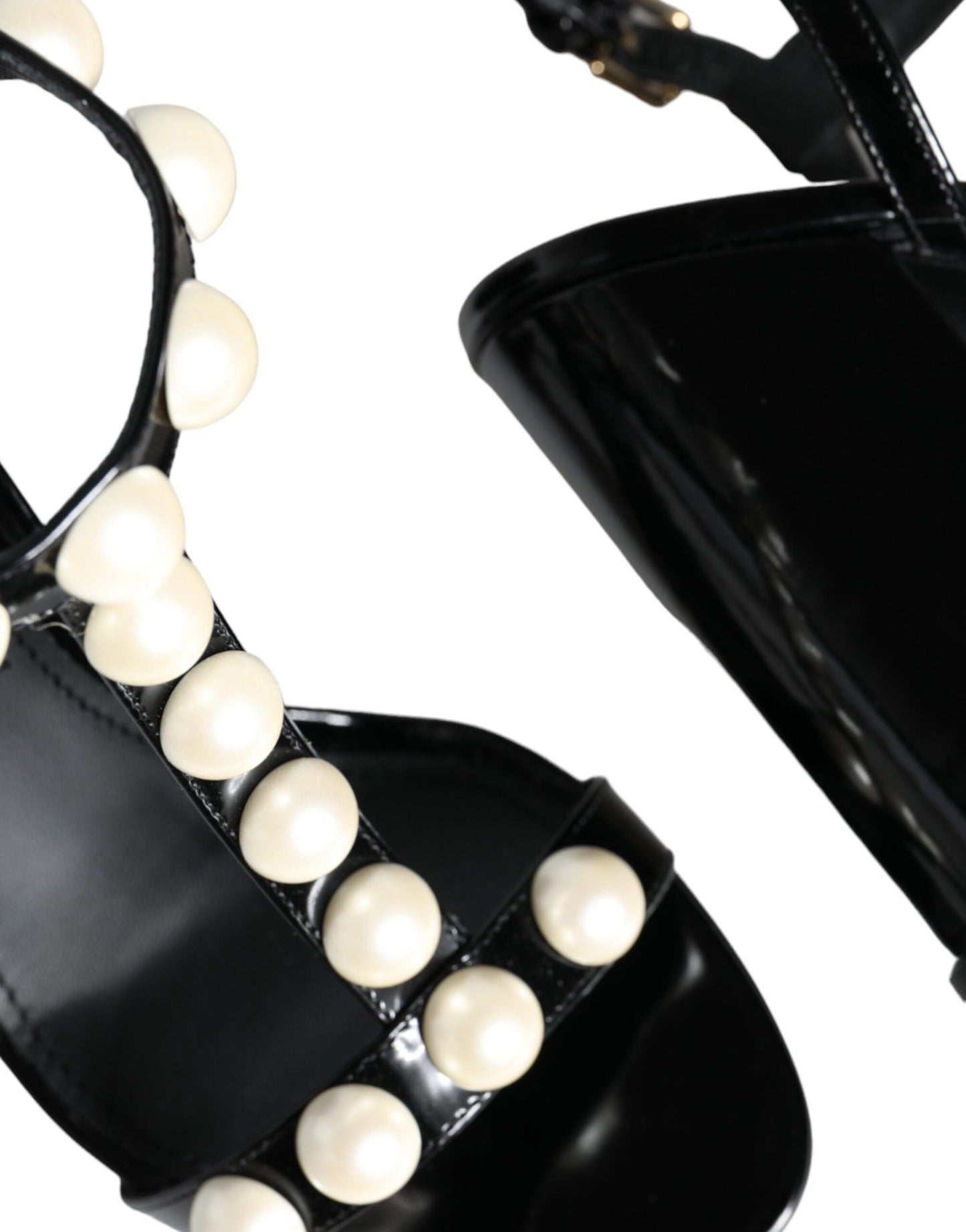 Dolce & Gabbana Black Leather Pearls T-strap Sandals Shoes