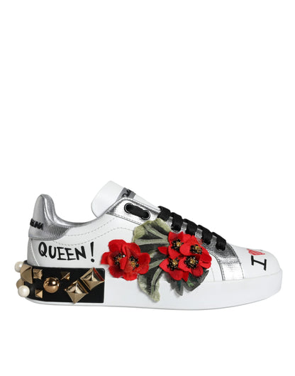 Dolce & Gabbana White Leather Floral Studded Sneakers Shoes