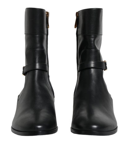 Dolce & Gabbana Black Leather Logo Mid Calf Boots Shoes