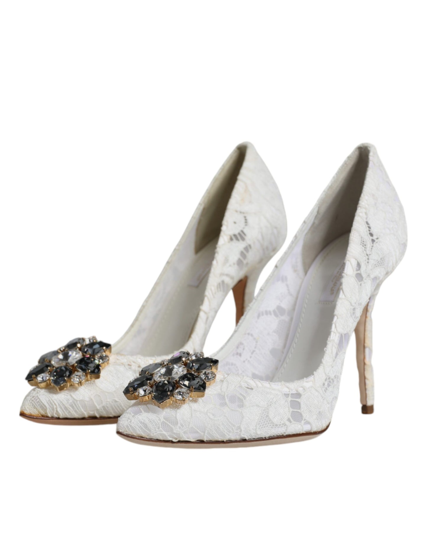 Dolce & Gabbana White Taormina Lace Crystal Heel Pumps Shoes