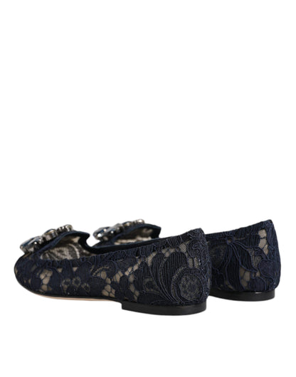 Dolce & Gabbana Blue Taormina Lace Crystals Flats Shoes