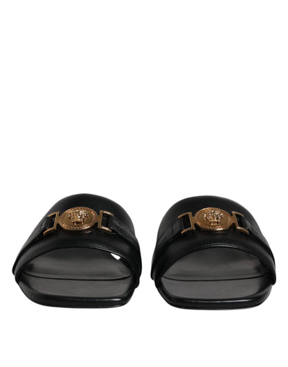 Versace Black Leather Logo Plaque Slip On Slides Flats Shoes