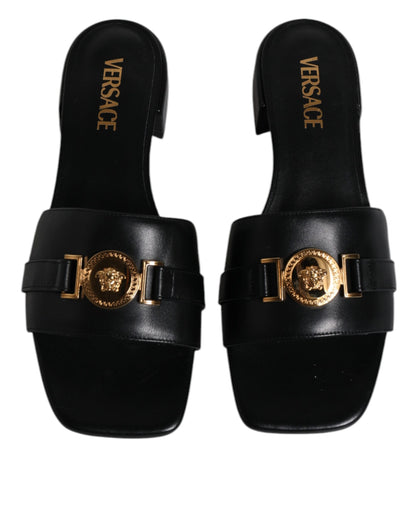 Versace Black Leather Logo Plaque Slip On Slides Flats Shoes