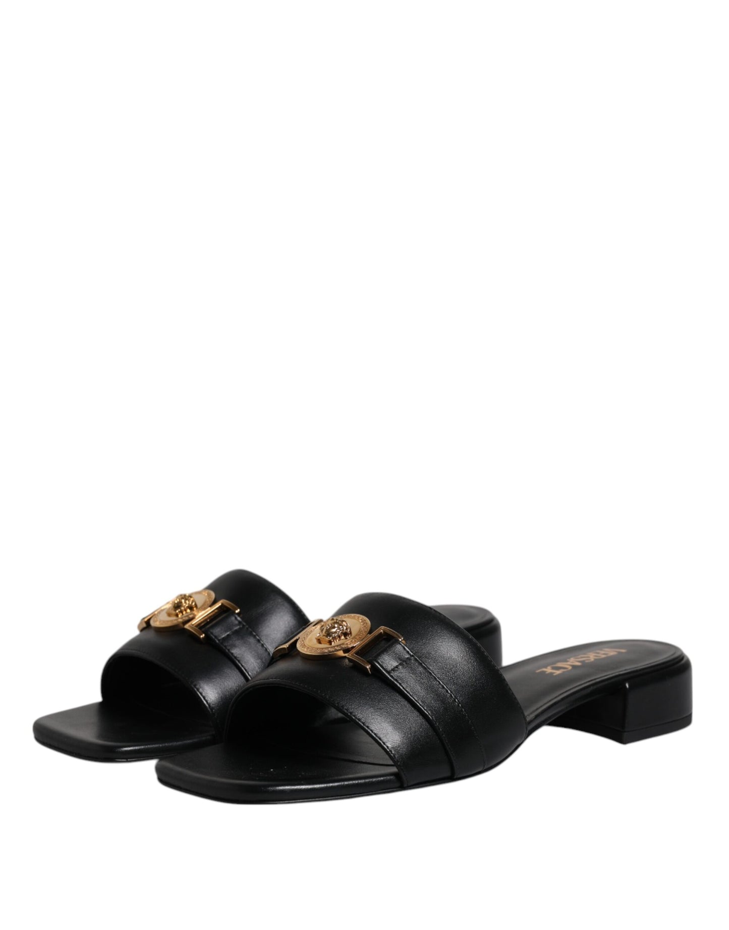 Versace Black Leather Logo Plaque Slip On Slides Flats Shoes