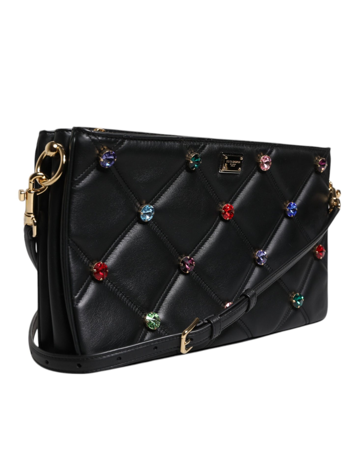 Dolce & Gabbana Black Leather Crystal Embellished Logo Shoulder Bag