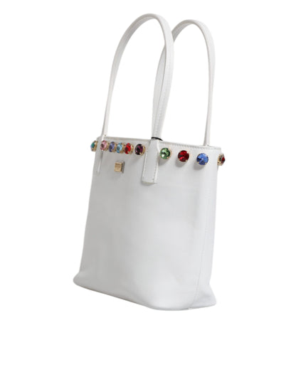 Dolce & Gabbana White Leather Crystal DG Logo Shoulder Tote Bag