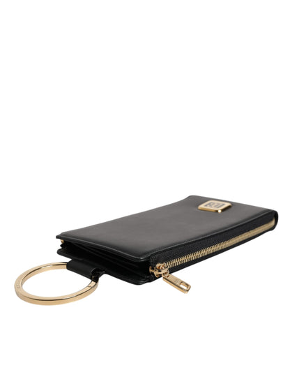 Dolce & Gabbana Black Leather Logo Plaque Neck Strap Card Coin Wallet