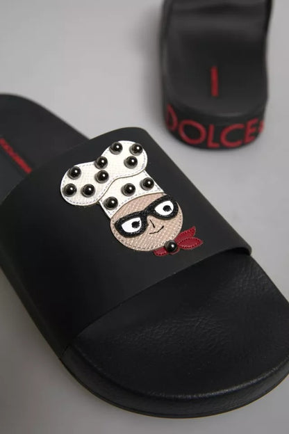 Dolce & Gabbana Black Leather Slides Sandals Beachwear Shoes