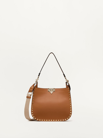 Valentino Garavani Brown Grainy Calf Hobo Rockstudt Bag