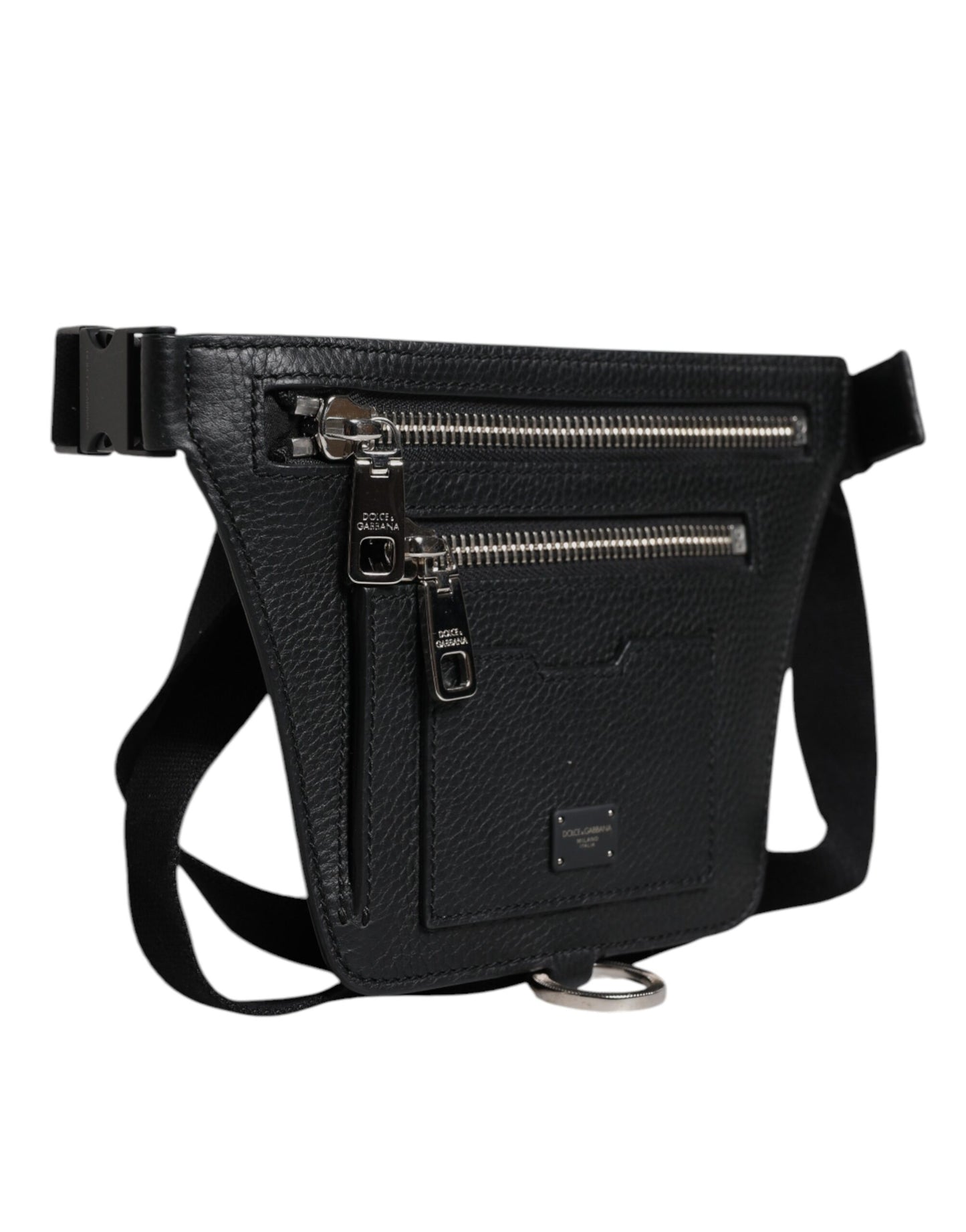 Dolce & Gabbana Black Calfskin Logo Plaque Belt Waist Men Fanny Pack Bag