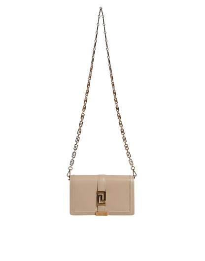 Versace Beige Gold Chain Calf Leather Wallet Crossbody Bag