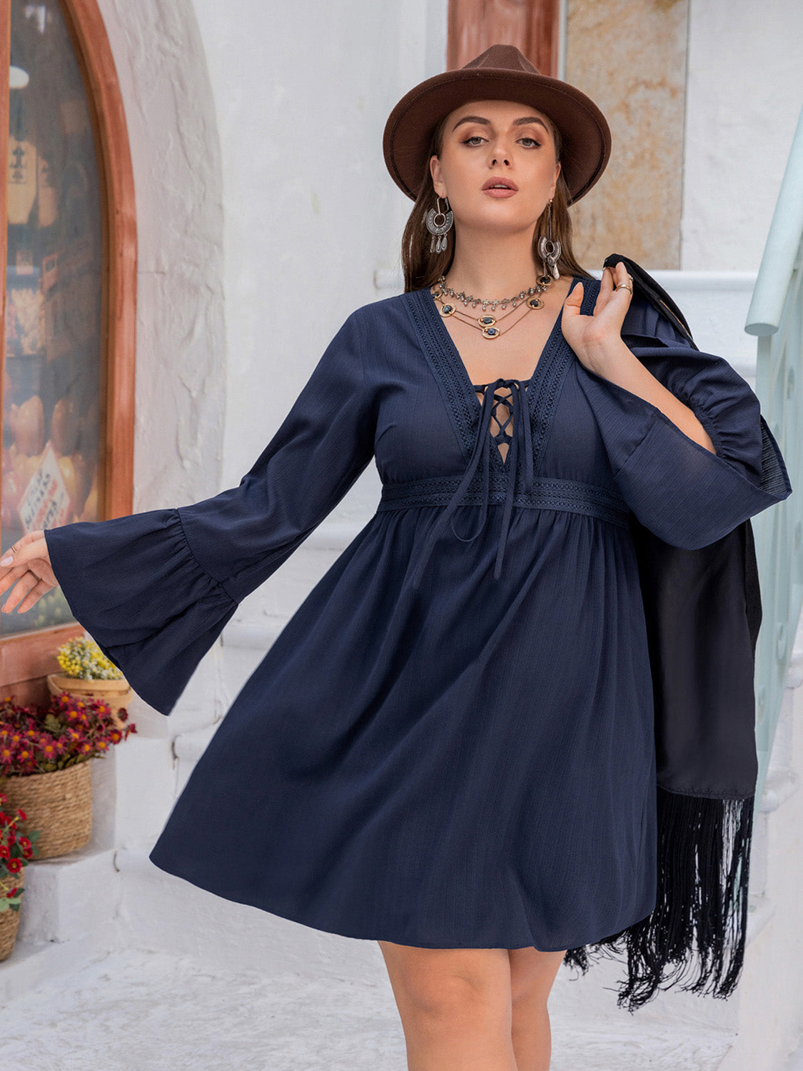 Tie Front V-Neck Flare Sleeve Dress