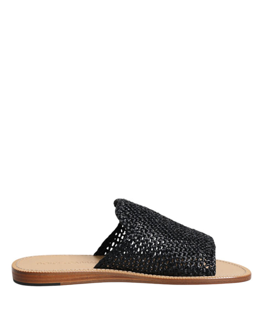 Dolce & Gabbana Black Monochrome Braided Raffia Slides Shoes