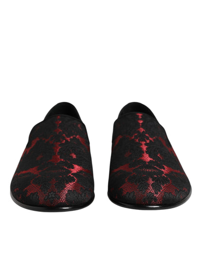 Dolce & Gabbana Red Black Jacquard Slip On Men Loafers Shoes