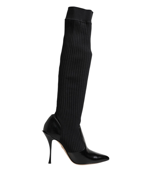 Dolce & Gabbana Black Leather Ribbed Knit Knee Boots Shoes