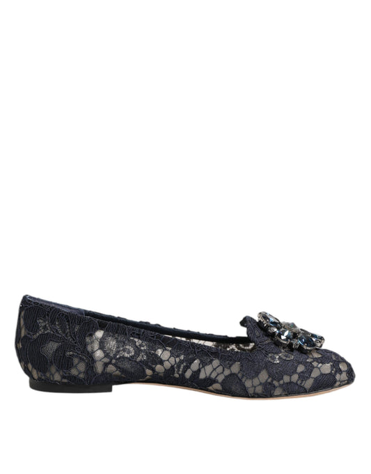 Dolce & Gabbana Blue Taormina Lace Crystals Flats Shoes