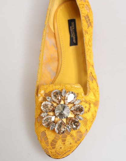 Dolce & Gabbana Yellow Taormina Lace Crystals Flats Shoes