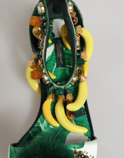 Dolce & Gabbana Green Mink Fur Satin Banana Leaf Sandals Shoes