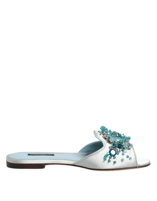Dolce & Gabbana Silver Blue Leather Bead Embellish Slide Shoes