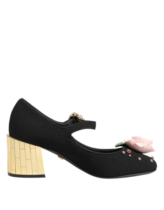 Dolce & Gabbana Black Flower Crystal Embellished Mary Jane Shoes