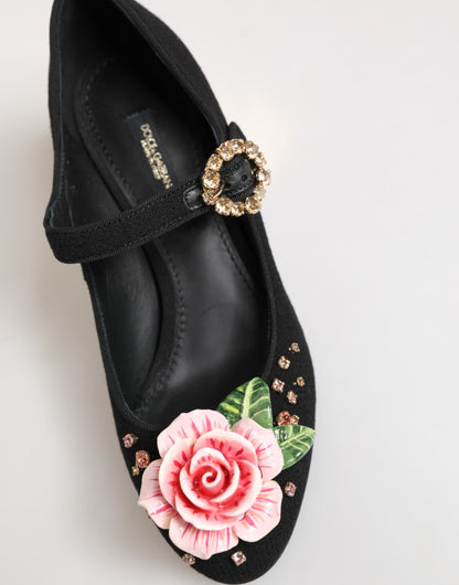 Dolce & Gabbana Black Flower Crystal Embellished Mary Jane Shoes