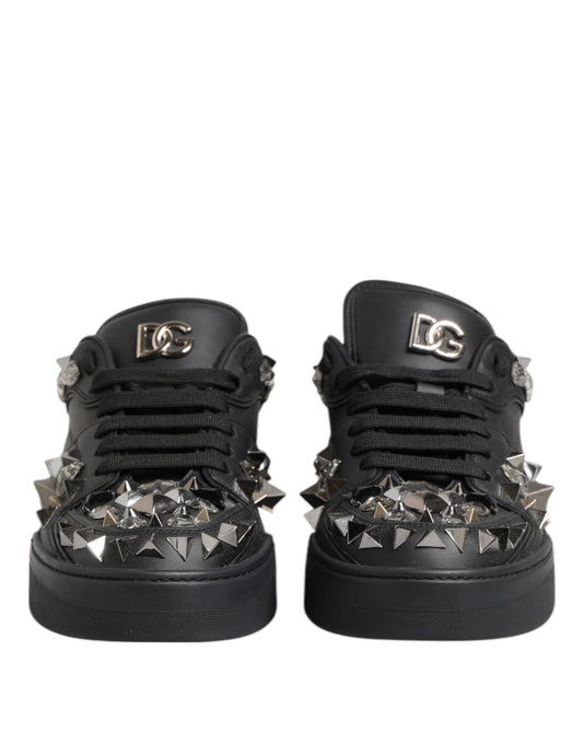 Dolce & Gabbana Black Leather Studded Low Top Sneakers Shoes
