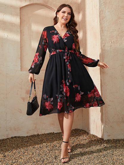 Floral Surplice Neck Tie Waist Dress