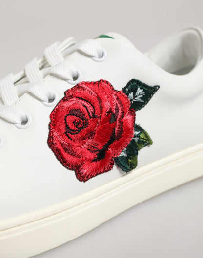 Dolce & Gabbana White Leather Rose Embroidery Low-Top  Shoes