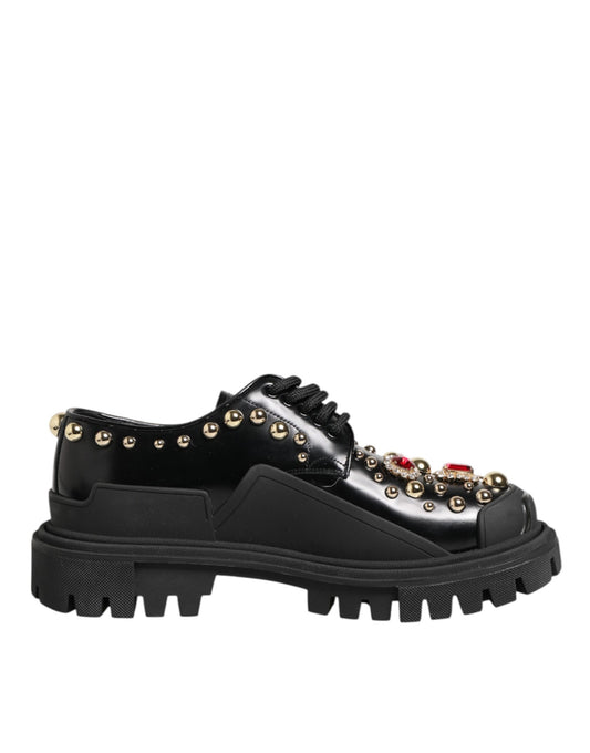 Dolce & Gabbana Black Leather Jeweled Crystals Derby Shoes