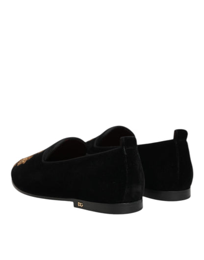 Dolce & Gabbana Black Velvet Gold Crown Mens Loafers Shoes