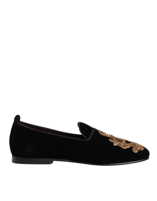 Dolce & Gabbana Black Velvet Gold Crown Mens Loafers Shoes